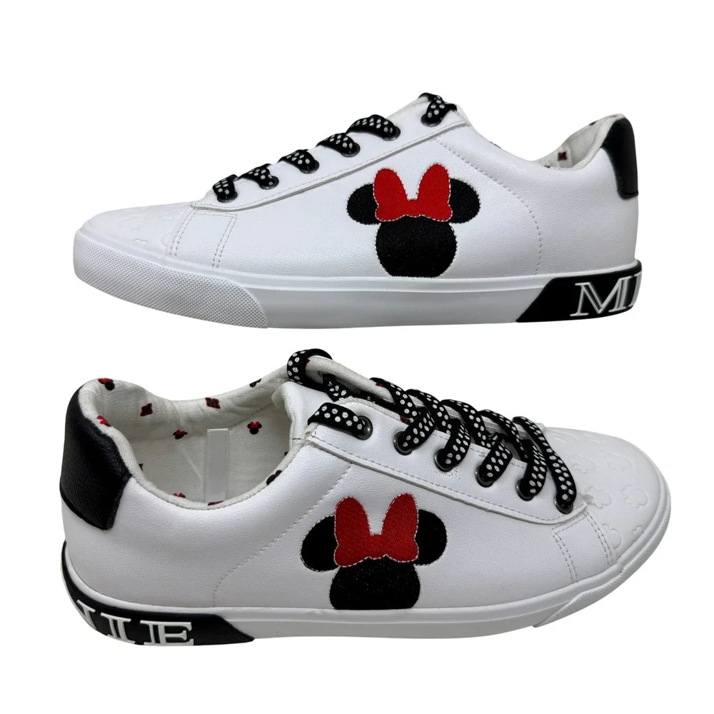 Disney Minnie Mouse White Low Top Sneakers Polka Dot Laces Women's Size 11